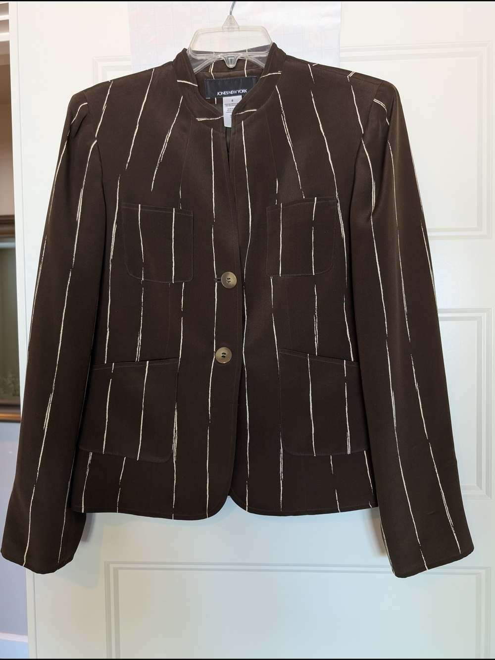 Jones New York Silk Brown Blazer with Cream Pinstripes